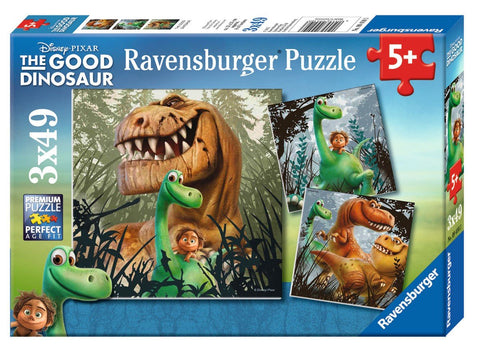 Dėlionė Ravensburger The Good Dinosaur 3×49 det., skirta vaikams nuo 5 m., dėžutės priekinis paviršius su trimis skirtingais iliustracijų variantais