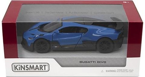 KiNSMART Bugatti Divo 1:36, mėlynas – licencijuotas žaislinis automobilis su atidaromomis durelėmis ir trauk-atgal mechanizmu