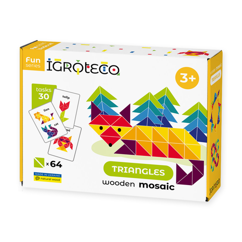 IGROTECO medinė trikampių mozaika 64 det. – spalvota edukacinė dėlionė vaikams 3+