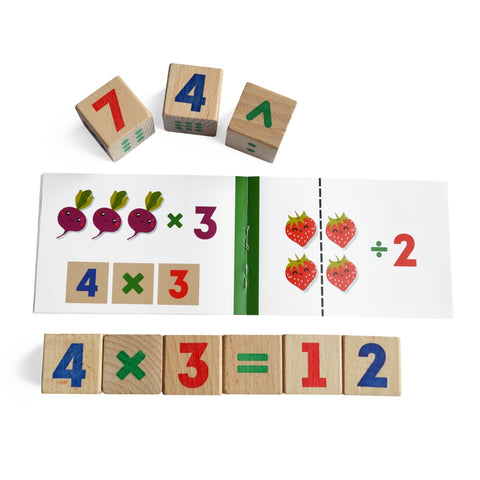 IGROTECO medinės matematinės kaladėlės vaikams – 9 vnt., 30 užduočių, 2+