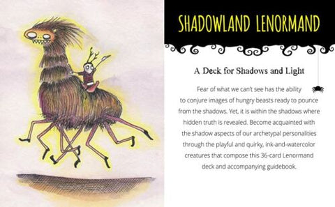 Shadowland Lenormand kortų rinkinys — 36 kortų ir gidukas su ink-and-watercolor žaismingų bestijų viršeliu ir aprašymu