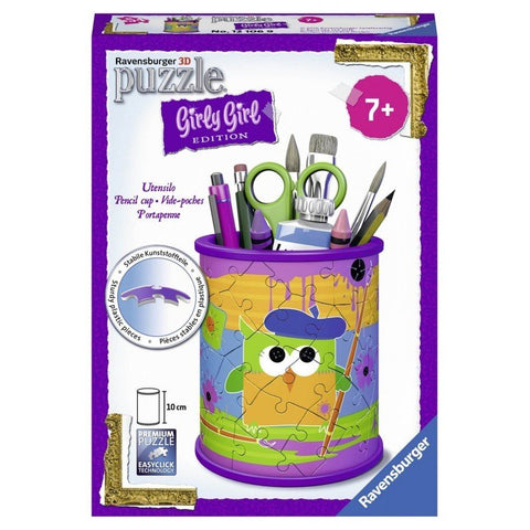 Pieštukinė Ravensburger 3D, violetinė, apie 10 cm aukščio, surinkta su pelėdos motyvu — pildoma pieštukais, žirklėmis ir trafaretais