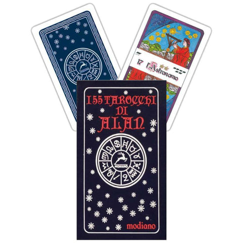tarot kortos Modiano 155 Alan komplektas su juodu dėklu, mėlynomis nugarėlėmis ir atversta Astronomo korta