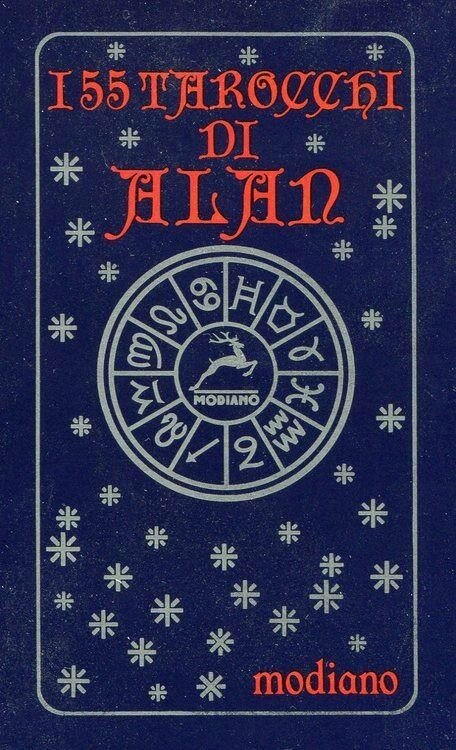 Tarot kortos Modiano tamsiai mėlyname dėkle su sidabriniu astrologiniu ratu ir raudenu pavadinimu ant viršelio