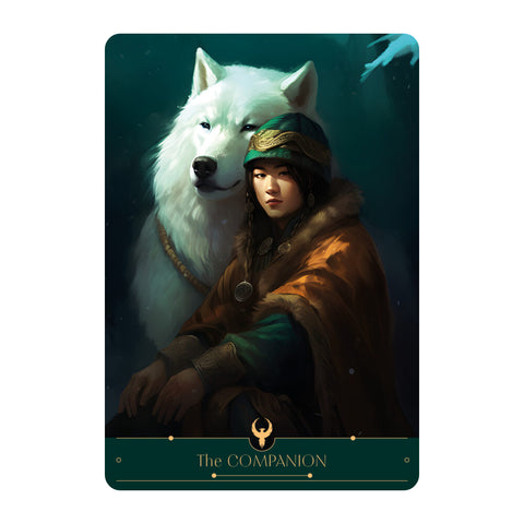 Korta The Companion: iliustracija su dideliu baltu vilku už moters, dėvinčios žalią kepurę ir rudą kailinę, priešakinė kortelės pusė