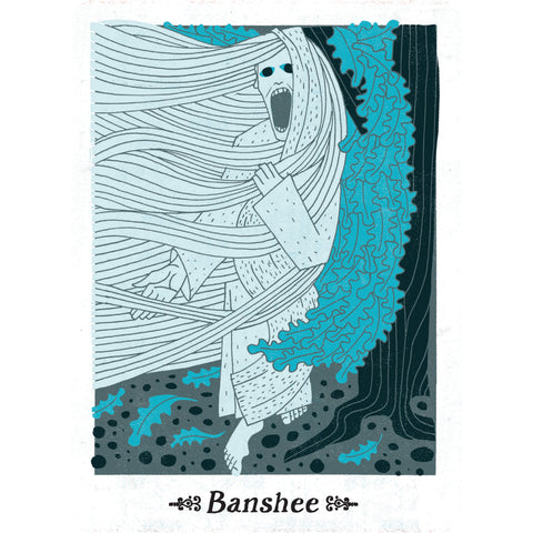 Banshee plakatas portreto formatu, šviesiai mėlyna figura su ilgais plaukais ir turkio bangomis, stilizuotas dizainas