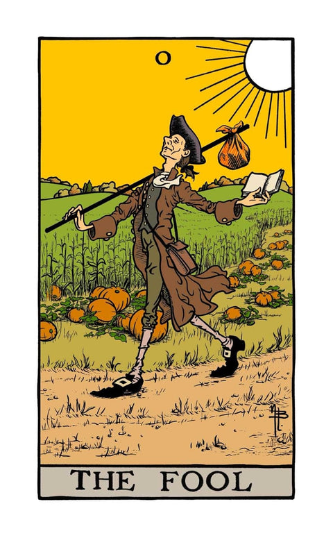 tarot korta Kvailys – Rider‑Waite stiliaus iliustracija su ryškiu geltonu dangumi, keliautoju einančiu per moliūgų lauką