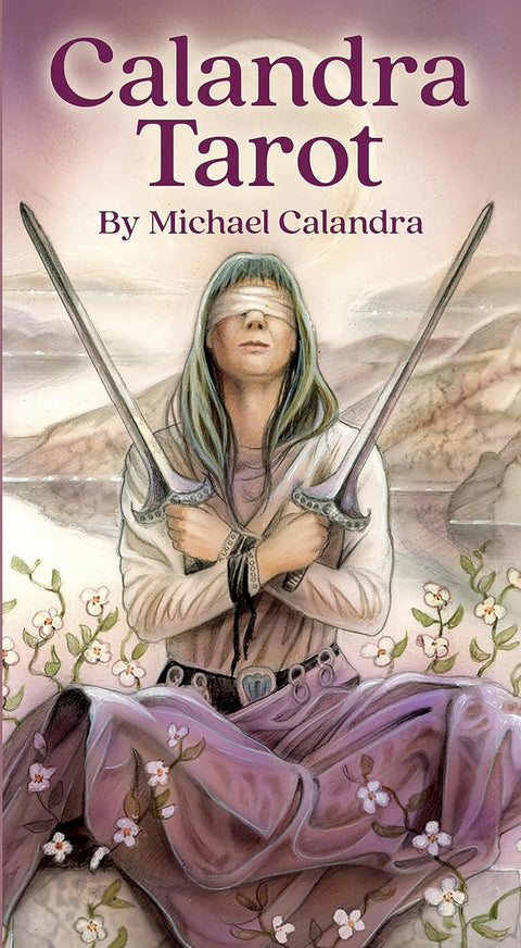 Calandra Tarot kortų rinkinys — autorinis Michael Calandra viršelis su užrištomis akimis ir susikryžiavusiomis kardais