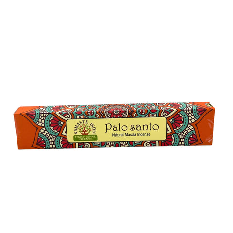 Palo santo smilkalai Namaste India oranžinėje dekoruotoje dėžutėje, priekio etiketė „Natural Masala“