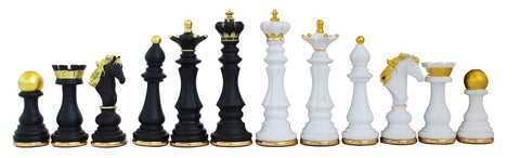šachmatai, juodi ir balti su aukso apvadais, 16 detalių stambių figūrų rinkinys, paruoštas žaidimui ir dovanojimui