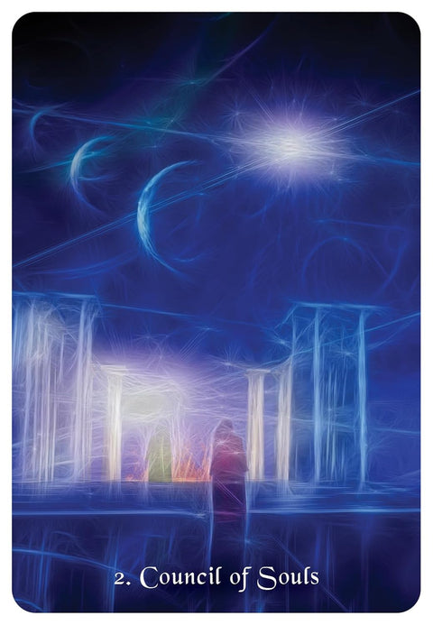 Tarot korta Council of Souls – mėlyna eterinė scena su švytinčia kolonos sale, vienu siluetu ir trimis mėnuliais