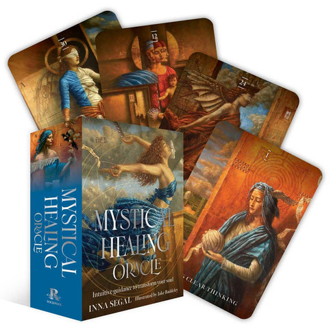 Orakulo kortos Mystical Healing, mėlyno ir auksinio dizaino dėkle su išskleistomis iliustruotomis kortomis, skirtos gydomai intuicijai