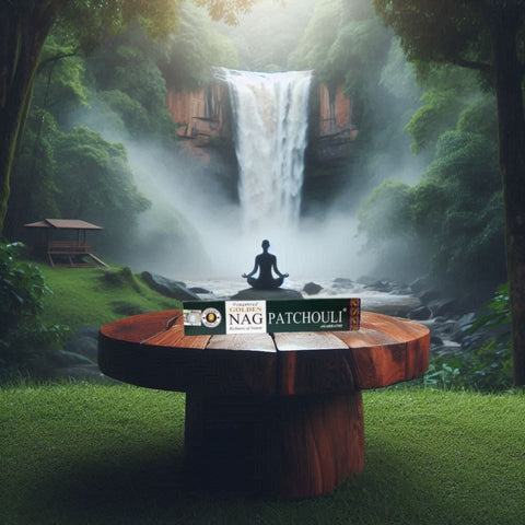 Pačiulių smilkalai vienoje dėžutėje ant medinio stalo gamtos fone prie krioklio, pabrėžiantys raminantį aromatą ir meditacijos naudojimą