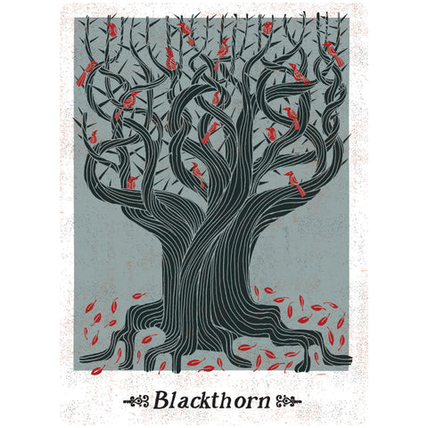 Plakatas Blackthorn medžio motyvas tamsiai mėlynas su raudonais paukščiais, 30×40 cm, moderniam interjerui