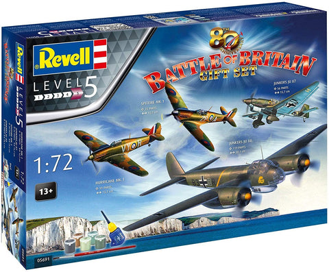 Modelių rinkinys Battle of Britain 1:72 dovanų komplektas su 4 lėktuvais, dažais ir klijais, dėžutės priekinis kampas