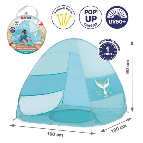 LUDI UV50 paplūdimio palapinė–baseiniukas „Banginiukas“, nuo 10 mėn., sulankstoma 100×100×90 cm