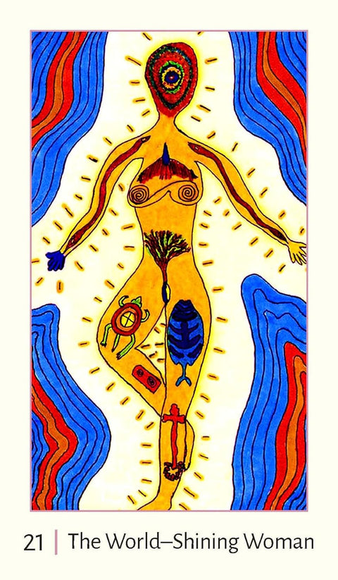 tarot korta 21 Pasaulis – Švytinti moteris, vertikalus geltonos figūros iliustracinis variantas su ryškiomis mėlynomis ir raudonomis bangomis