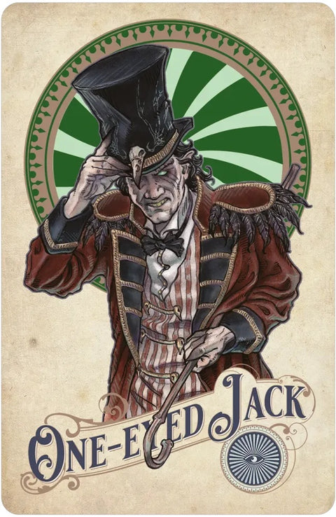 Plakatas One-Eyed Jack personažu: apgaulingas cirko vedėjas juodu cilindru, raudonu paltu ir žaliu spinduliniu fonu, retro stilius