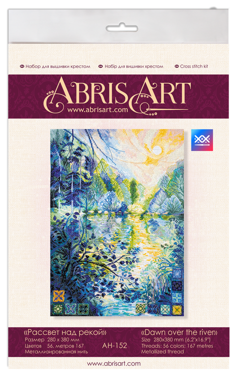 Siuvinėjimo kryželiu rinkinys Aušra virš upės, 28x38 cm, 14 ct, 56 spalvų