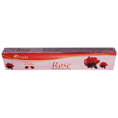 Rožių smilkalai Aromatika, rožinė ilga pakuotė su rože ir užrašu Vedic Rose, natūralus masala kvapas namams