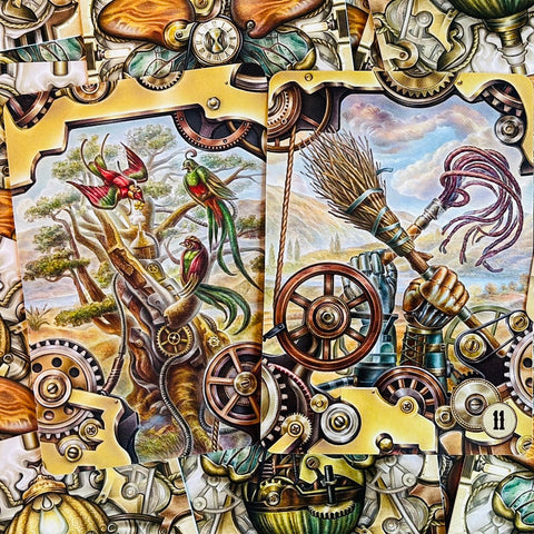 Kortos su steampunk iliustracijomis, dvi kortos šone: spalvoti paukščiai ant mechaninės šakos ir šluota su mechaniniais ratais