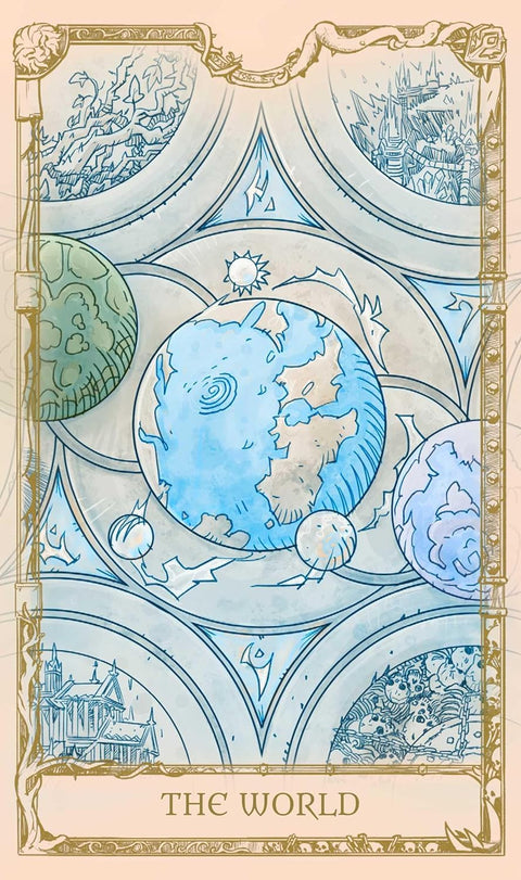 tarot korta The World: vertikali mėlyno‑smėlio iliustracija su planetomis centre ir dekoratyviniu auksiniu rėmu
