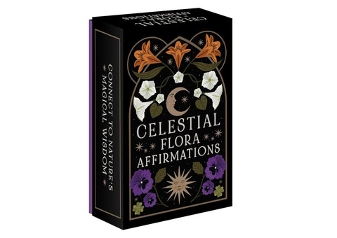 Afirmacijų kortos Celestial Flora: juodo dizaino dėžutė su mėnulio ir gėlių motyvais, skirta kasdienėms meditacijoms ir įkvėpimui