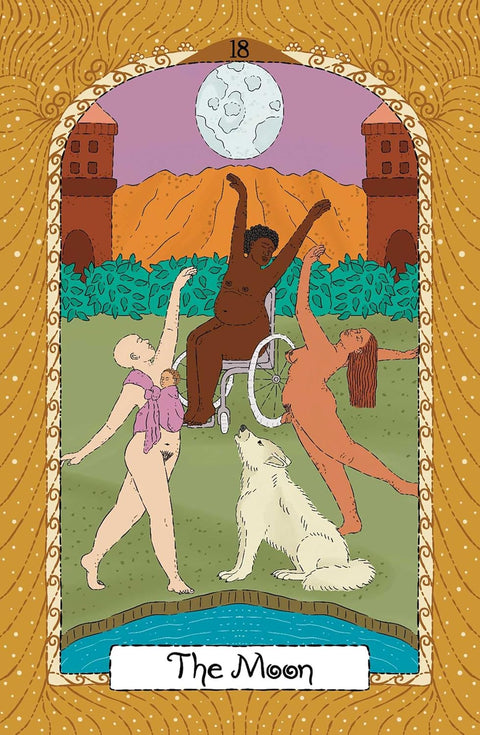Mėnulio tarot korta su trimis besišokančiomis figūromis, žmogumi vežimėlyje ir vilku po pilnu mėnuliu