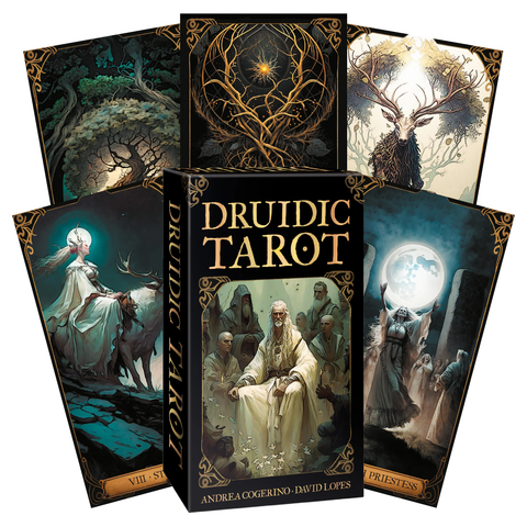 Druidų tarot – juodos dėžutės komplektas su auksiniais užrašais ir šešiomis detaliai iliustruotomis kortomis, parodyta priekinė pakuotė