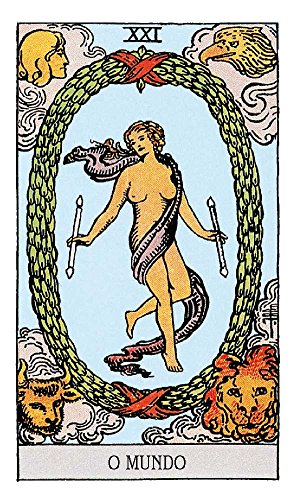 tarot korta Pasaulis, Rider‑Waite stiliaus, šviesiai mėlynas fonas, vainikas su šokančia moterimi ir keturių kampų simboliais, pagrindinis kortos variantas
