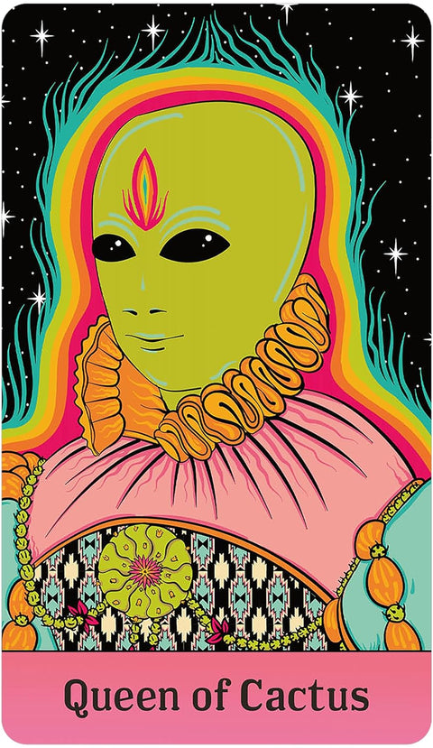 Tarot korta Queen of Cactus — pilnai matoma ryški žalia-rožinė iliustracija su ornamentais ir apačioje užrašu