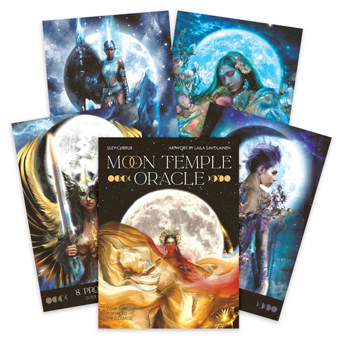 Moon Temple Oracle kortos su prabangiu dėklu ir keturiomis skirtingomis iliustracinėmis iliustruotomis kortomis, rodomos kaip komplektinis pavyzdys