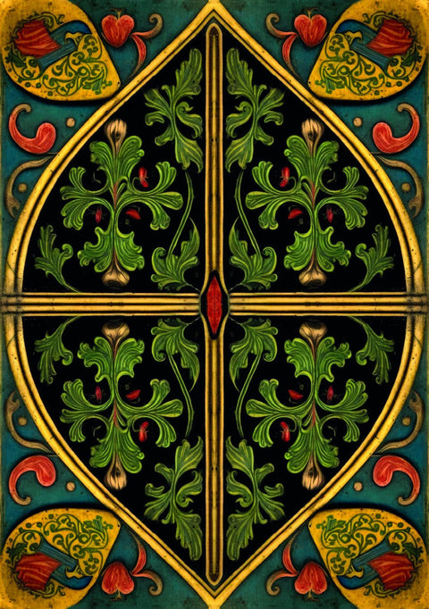 ornamentinė sieninė panelė, gotikinė, tamsiai žali lapų ornamentai su raudonomis detalėmis ir aukso rėmu, simetriškai skirta sienai arba durų apvadui