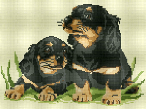 Kryželių rinkinys: detalus rottweilerių poros modelis juoda‑ruda spalva ant žalios žolės, horizontali kompozicija