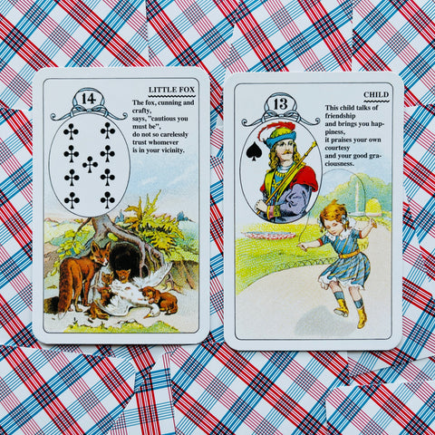 Lenormand kortos su Little Fox (14) ir Child (13) spalvotomis iliustracijomis ant languoto fono