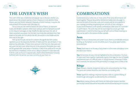 Knyga atversta dviem puslapiais su turkio antraštėmis 'The Lover's Wish' ir 'Combinations', rodoma vidinė tipografija ir skirsnių tekstai