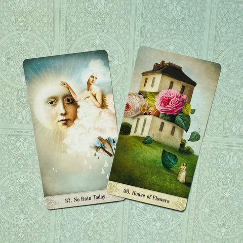 tarot kortos — dvi atverstos kortos (No Rain Today, House of Flowers) parodo skirtingą meninį stilistiką ir spalvų derinius