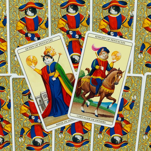 Tarot kortos su kačių iliustracijomis, dvi priekinės kortos (Karalienė ir Riteris monetų) išdėstytos ant aukso raštuotos nugarėlės