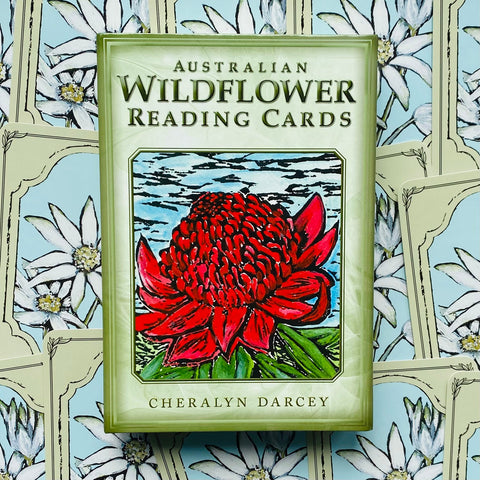 Skaitymo kortos Australian Wildflower — Cheralyn Darcey, žalsvas dėklas su ryškia raudona waratah iliustracija ir kortų nugarėlėmis su baltų žiedų raštu