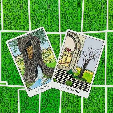 tarot kortos su žaliu lapų raštuotu gale, dvi atverstos kortos kampu — The Hollow ir The Dry Tree su medžių iliustracijomis