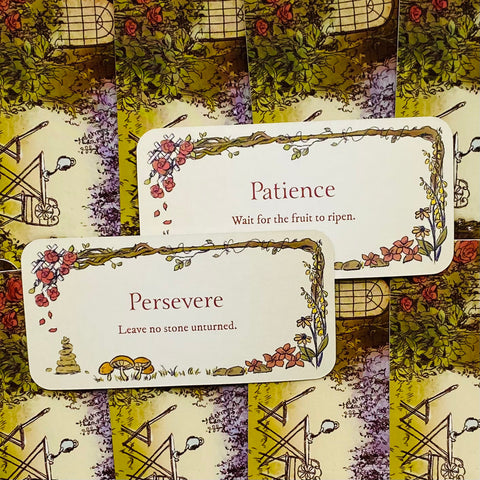 Įkvepiančių kortelių rinkinys — dvi baltos kortelės „Persevere“ ir „Patience“ su gėlių rėmeliais ant žalsvo, pievų motyvo fono