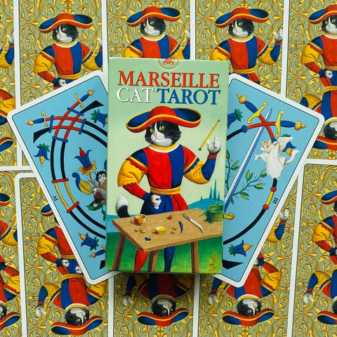 Marseille Cat Tarot taro rinkinys, spalvinga dėžutė centre su dviem atvertais kortomis ir ornamentinių nugarėlių fonu