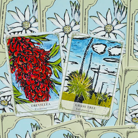 Kortos dvispalvės iliustracijos: raudona Grevillea ir mėlyna Grass Tree kortelės persidengiančios ant gėlių fono