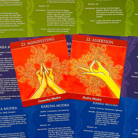 Meditacinės kortos — dvi oranžinės kortelės ("Manifesting" ir "Assertion") ant mėlynos ir žalios instrukcijų fono, parodytas priekis
