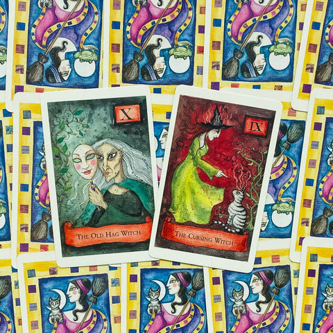 tarot kortos, dvi iliustruotos raganų kortos (Old Hag, Cursing Witch) iš spalvoto komplekto