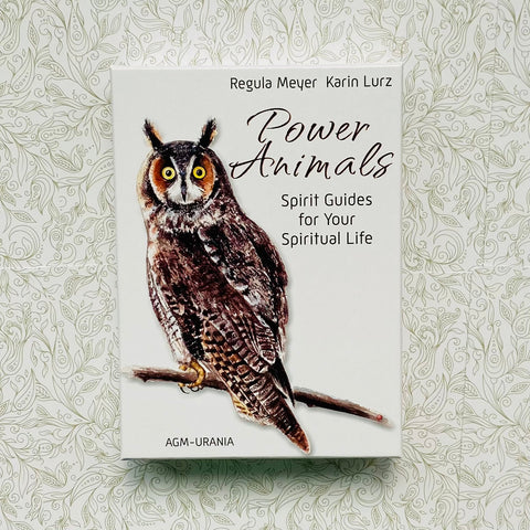 Kortų rinkinys Power Animals su balto dėklo priekiu ir išraiškinga pelėdos iliustracija, leidėjas AGM‑URANIA matomas