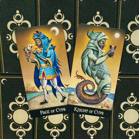 Tarot kortos atverstos Page of Cups ir Knight of Cups kortos, jūrinio motyvo spalvingos iliustracijos, arti fotografuota