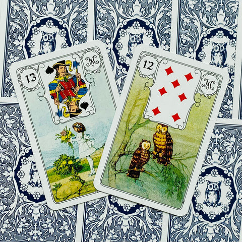 Tarot kortos Morgan‑Greer, dvi kortos (12 ir 13) su pelėdų iliustracijomis ir mėlyna ornamentuota nugarėle