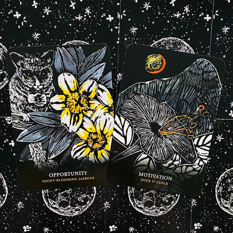 Orakulo kortos juodame fone su geltonai baltomis nakčiai žydinčio jazmino ir dideliu keturių valandų žiedo piešiniu