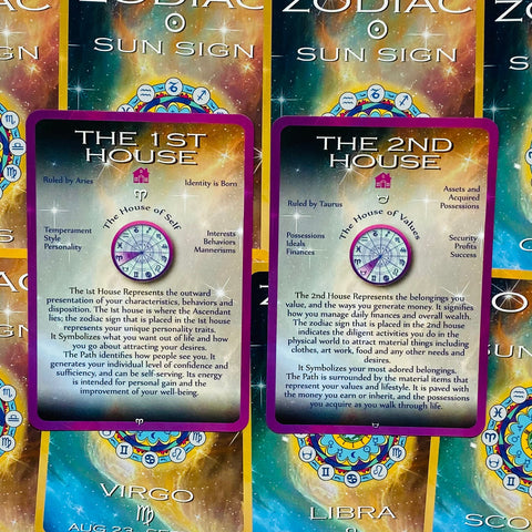 Astrologinės kortos Zodiac Sun Sign komplektas: violetiniu kraštu atvertos 1-o ir 2-o namo kortos iš priekio